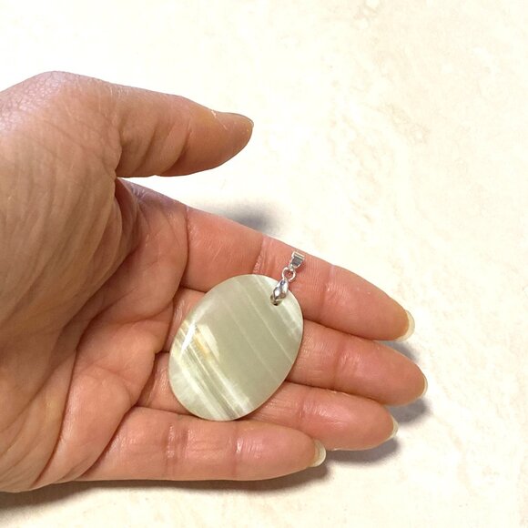 Natural Pale Green Onyx Pendant, Large Genuine Gemstone Oval Pendant - Picture 11 of 11